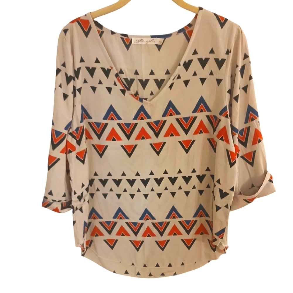 Liberty Love Women's Southwestern Print V Neck Top With 3/4 Sleeves Size L